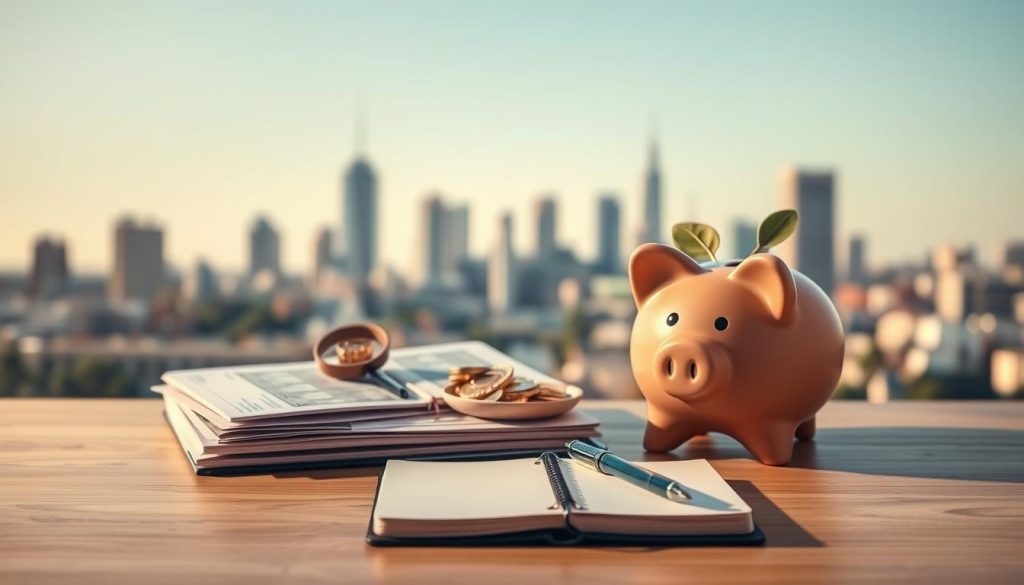 A clean, minimalist financial composition showcasing the essential investment options for beginner investors. In the foreground, a neatly arranged portfolio of diverse assets including stocks, bonds, and a piggy bank, all bathed in warm, gentle lighting. The middle ground features a notebook and pen, symbolizing the research and planning needed. In the background, a serene, blurred cityscape evokes the stability and growth potential of long-term investing. The overall mood is one of simplicity, organization, and the promise of financial security for the novice investor.