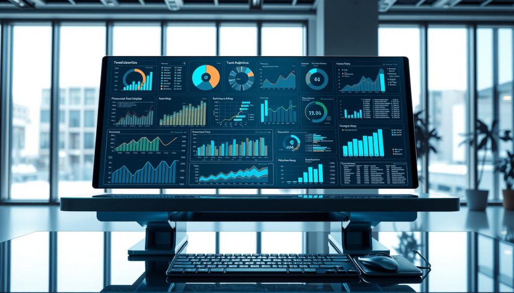 A comprehensive data visualization dashboard hovers over a sleek glass and metal workstation, displaying interactive charts, graphs, and analytics. The foreground features cutting-edge technology trend analysis tools, including a tablet, stylus, and keyboard, all bathed in a cool, futuristic lighting. The background showcases a minimalist office setting with large windows, allowing natural light to filter in and create a sense of space and clarity. The overall atmosphere conveys a harmonious blend of technology, analysis, and productivity, reflecting the dynamic nature of the latest advancements in the field.
