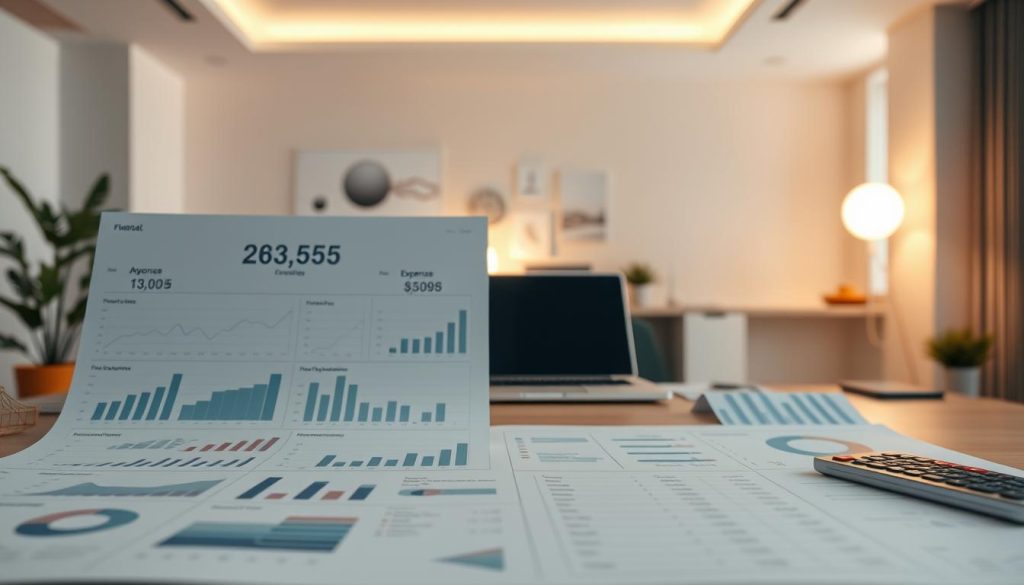 A detailed financial report rendered in a clean, minimalist style. The foreground depicts a series of graphs, charts, and visualizations showcasing key financial metrics such as income, expenses, assets, and liabilities. The middle ground features a desktop workspace with a laptop, calculator, and other financial planning tools. The background is a serene, softly-lit office setting with muted colors and clean lines, conveying a sense of professionalism and focus. Warm, indirect lighting casts a subtle glow, creating a calm, contemplative atmosphere. The overall composition suggests a comprehensive, analytical approach to assessing one's current financial health.