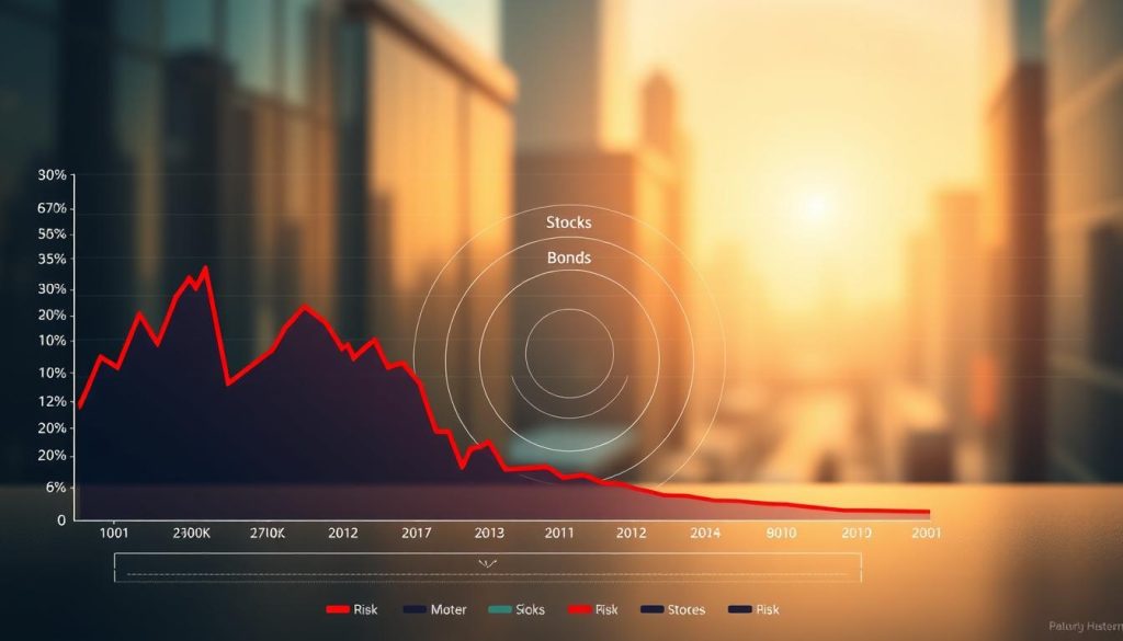 A detailed infographic showcasing the comparative risk and return profiles of stocks and bonds. In the foreground, a striking line graph displaying the historical performance of these two asset classes, with stocks depicted in a vibrant red and bonds in a deep blue. In the middle ground, a series of concentric circles illustrate the risk spectrum, with stocks occupying the outer ring and bonds situated closer to the center. The background features a subtle, blurred cityscape, conveying a sense of the financial markets. The scene is illuminated by a warm, golden light, creating a sense of authority and trust. The overall mood is one of informative clarity, designed to educate the viewer on the nuanced relationship between stocks, bonds, and investment risk.