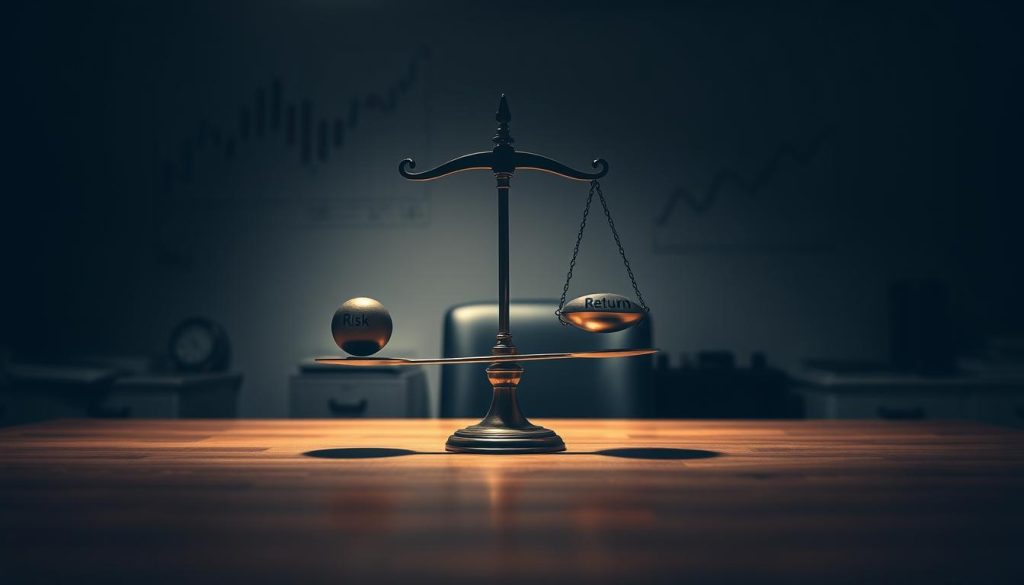 A dimly lit office setting, with a large desk in the foreground. On the desk, a pair of hands holding a scale, carefully balancing two weighted objects - one labeled "Risk" and the other "Return". The background is hazy, with a sense of financial charts and graphs in the distance, creating an atmosphere of analytical contemplation. The lighting is soft and moody, casting shadows that emphasize the delicate balance being struck. The overall composition conveys the careful consideration required when navigating the risk-return trade-off, a central theme in the world of investing.