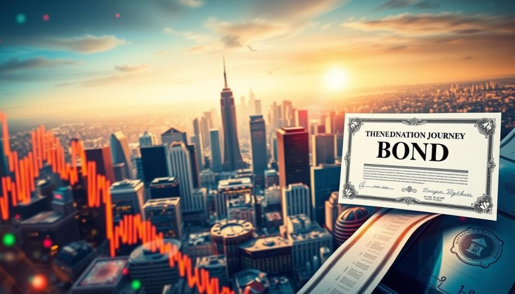A dynamic financial landscape, with a captivating contrast between the vibrancy of the stock market and the serenity of the bond market. In the foreground, a stylized representation of a stock ticker tape, its numbers and symbols swirling with a sense of urgency. Nearby, a serene and iconic bond certificate, its elegant design conveying the stability and reliability of fixed-income investments. In the middle ground, a cityscape of skyscrapers and trading floors, capturing the pulse of the financial world. The background is bathed in a warm, golden light, evoking a sense of prosperity and growth. The overall composition strikes a balance between the excitement of the stock market and the steadiness of the bond market, reflecting the key considerations of an investor's journey.