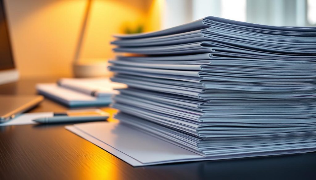 A high-quality, professionally curated industry report stack with sleek, minimal design on a neatly organized desk. Warm, directional lighting creates depth and accentuates the textures of the paper documents. The reports are arranged in an elegant, purposeful manner, suggesting an authoritative and insightful analysis. The overall scene conveys a sense of diligence, expertise, and the pursuit of business intelligence.