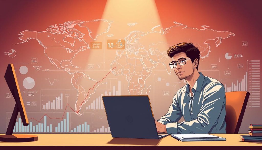 A high-resolution illustration of a global issues analysis, depicting a large world map taking up the background, with various data visualization elements overlaying it, such as line graphs, bar charts, and scatter plots. In the foreground, a thoughtful-looking person is seated at a desk, intently studying the displayed information. The scene is illuminated by a warm, focused light, creating a contemplative atmosphere. The overall composition suggests a deep dive into understanding complex international trends and dynamics.