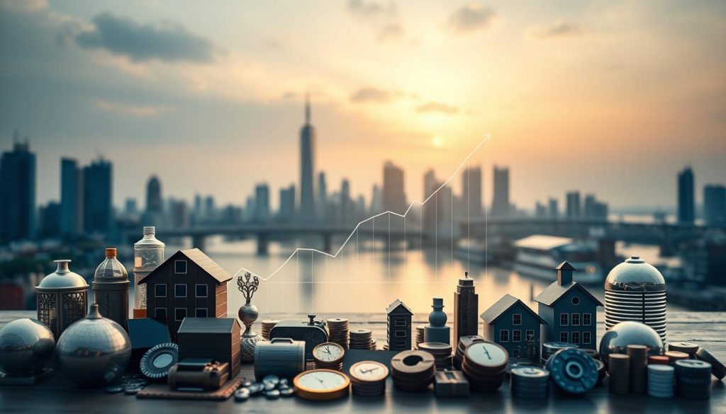 A meticulously composed investment portfolio diversification scene, captured with a wide-angle lens in soft, warm lighting. In the foreground, various financial instruments like stocks, bonds, and real estate icons are artfully arranged, conveying the concept of balanced asset allocation. The middle ground features a elegant graph visualization, illustrating the principles of modern portfolio theory. In the background, a serene cityscape with skyscrapers and a tranquil river, symbolizing the stability and long-term growth potential of a well-diversified portfolio. The overall atmosphere is one of thoughtful financial planning, stability, and a sense of controlled risk.