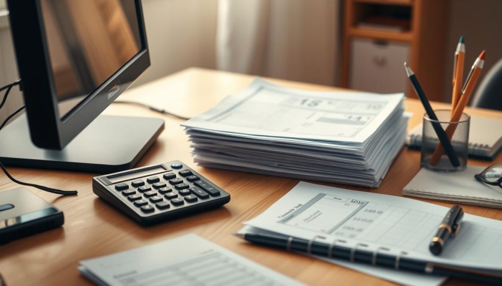 A meticulously organized desk with a desktop computer, a stack of financial documents, a calculator, a pen holder, and a personal planner. The scene is bathed in warm, natural lighting, with a soft focus on the foreground elements. The background is slightly blurred, hinting at a minimalist, uncluttered office environment. The overall mood is one of focus, control, and a sense of financial responsibility. The angle is slightly elevated, giving the viewer a bird's-eye perspective on the organized workspace, conveying a sense of efficiency and attention to detail.