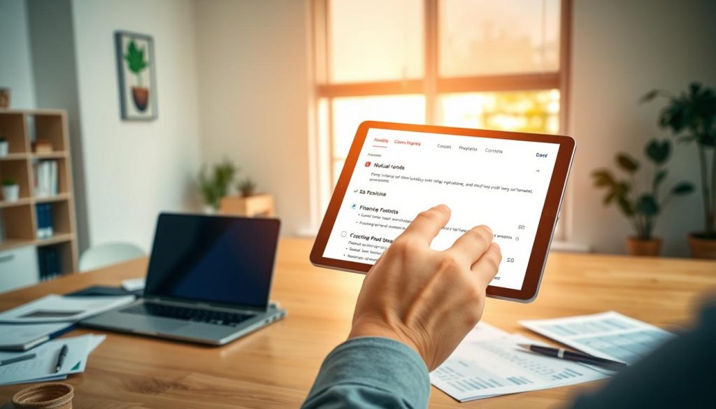 A modern, clean-looking office setting with a wooden desk, a laptop, and various finance-related items like a calculator, a pen, and some financial documents. The desk is illuminated by a warm, diffused light coming from a large window in the background, creating a cozy and inviting atmosphere. In the foreground, a person's hands are holding a tablet or smartphone, browsing through information about mutual funds. The person's face is not visible, but their body language suggests a thoughtful, focused expression as they explore the options for beginner investors.