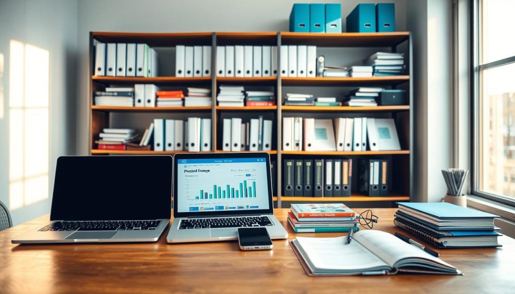 A neatly organized workspace with a laptop, smartphone, and various digital budgeting tools displayed on a wooden table. The scene is illuminated by soft, natural lighting from a window, casting a warm glow over the scene. In the background, shelves are lined with personal finance books, folders, and other budgeting resources. The overall atmosphere conveys a sense of efficiency, productivity, and financial control.