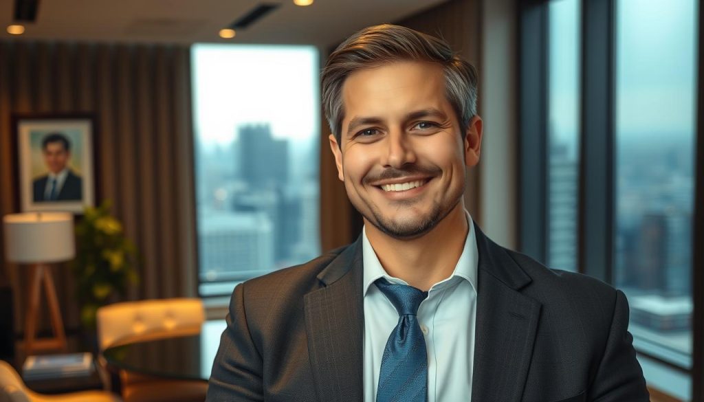 A professionally dressed financial advisor standing in a well-appointed office, with a warm yet authoritative expression. Soft, directional lighting illuminates their face, conveying a sense of expertise and trustworthiness. The background is a tastefully decorated workspace, with a large window providing a view of a bustling cityscape, symbolizing the advisor's ability to navigate the complex financial landscape. The composition is balanced, with the advisor positioned in the foreground, conveying their role as a guiding figure. The overall mood is one of competence, reliability, and a commitment to helping clients achieve their financial goals.