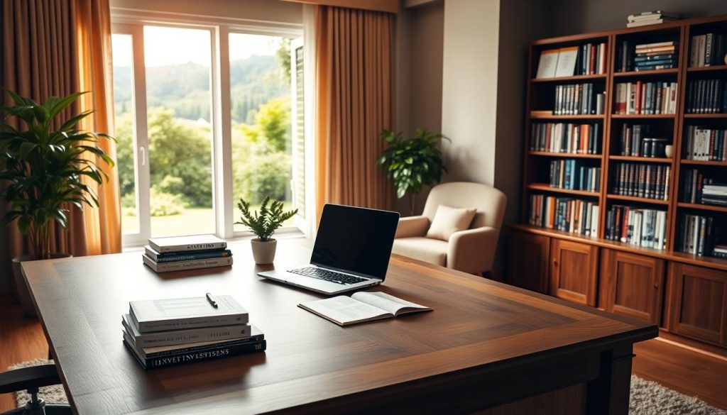 A serene and inviting office setting, with a large wooden desk positioned in the foreground. On the desk, a laptop, a stack of finance books, and a potted plant create a workspace that exudes professionalism and focus. The middle ground features a comfortable armchair and a bookshelf filled with investment guides and financial literature. The background showcases a window overlooking a lush, green landscape, bathed in warm, natural lighting. The overall atmosphere conveys a sense of calm, thoughtfulness, and a desire to learn and grow as an investor.