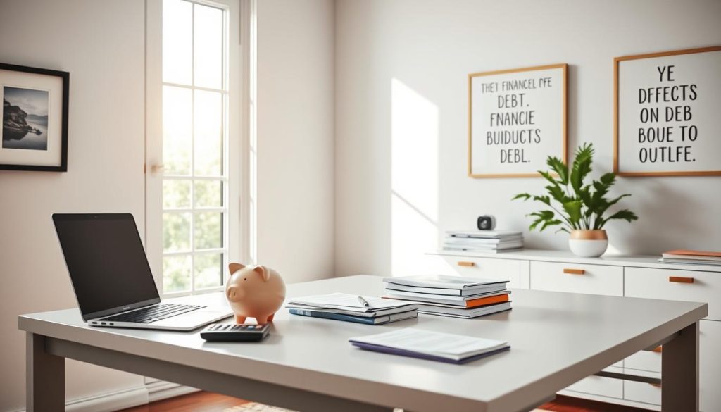 A serene home office with a sleek desk, a laptop, and a stack of financial documents. Soft, natural lighting filters through a large window, illuminating a well-organized workspace. On the desk, a piggy bank and a calculator symbolize budgeting and debt reduction strategies. The walls are adorned with inspirational artwork, conveying a sense of focus and determination. The overall atmosphere is calm and reflective, encouraging thoughtful financial planning.