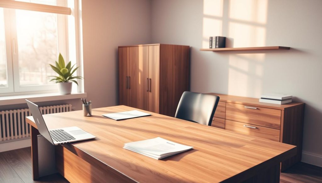 A serene, modern office interior with a large wooden desk, a sturdy filing cabinet, and a potted plant on the windowsill. The desk is neatly organized with a laptop, a pen holder, and a stack of documents. Warm, natural lighting filters through the window, casting a soft glow across the room. In the background, a minimalist wall-mounted bookshelf displays a few carefully selected financial and investment books. The overall atmosphere conveys a sense of professionalism, organization, and a solid foundation for financial planning and investment strategies.