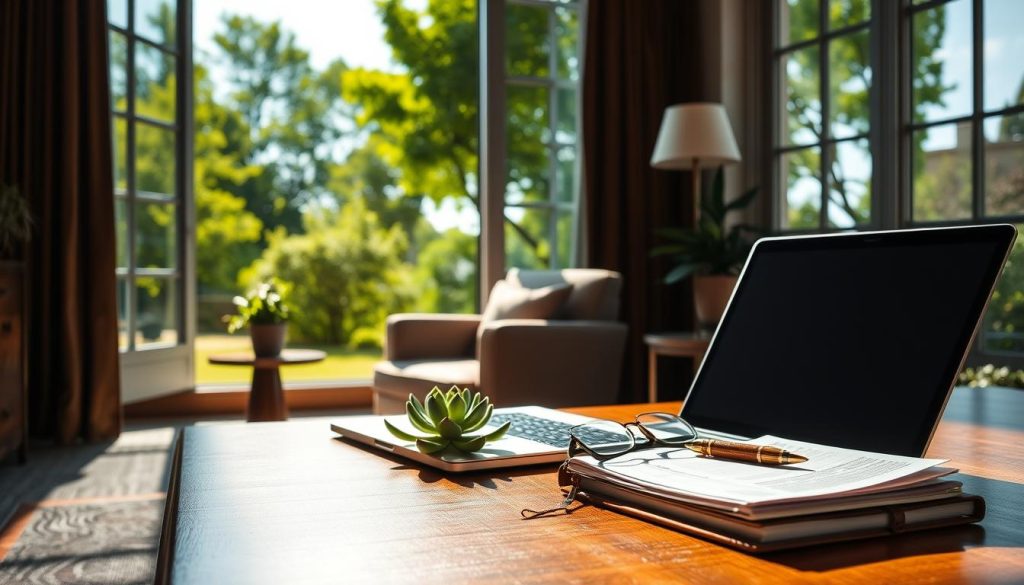 A serene, sun-drenched office setting with a large window overlooking a lush garden. In the foreground, a sophisticated wooden desk with a sleek laptop, a carefully arranged stack of financial documents, and a succulent plant. On the desk, a pair of reading glasses and a pen resting on a leather-bound notebook. The middle ground features a comfortable armchair and a side table with a potted plant, hinting at a contemplative atmosphere. The background showcases verdant trees and a clear blue sky, creating a sense of tranquility and focus. The overall scene conveys a thoughtful, well-organized approach to personal finance and investment fundamentals.