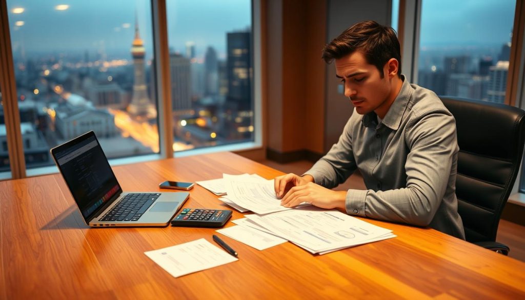 A spacious, well-lit office with a large wooden desk. On the desk, neatly organized papers, a calculator, and a laptop displaying a financial spreadsheet. In the background, a panoramic window overlooking a bustling city skyline. The lighting is warm and focused, creating a sense of concentration and productivity. A person sits at the desk, intently studying the documents, their expression conveying a sense of purpose and determination as they develop a strategic debt management plan. The overall atmosphere is one of calm, focused problem-solving, reflecting the careful and deliberate nature of effective debt management.