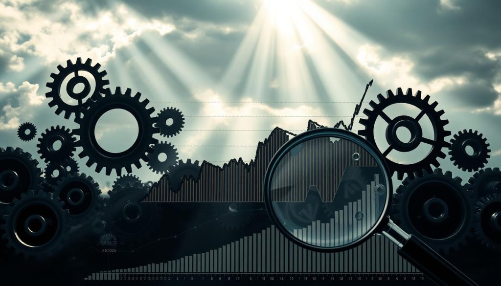A striking financial chart against a backdrop of interlocking gears, symbolizing the complex and interconnected nature of investment risks. Rays of light pierce through a cloudy sky, casting dramatic shadows and lending a sense of gravity to the scene. In the foreground, a magnifying glass hovers, inviting the viewer to scrutinize the data and uncover the hidden insights. The overall composition conveys a mood of thoughtful contemplation, urging the viewer to carefully consider the multifaceted challenges of navigating the investment landscape.