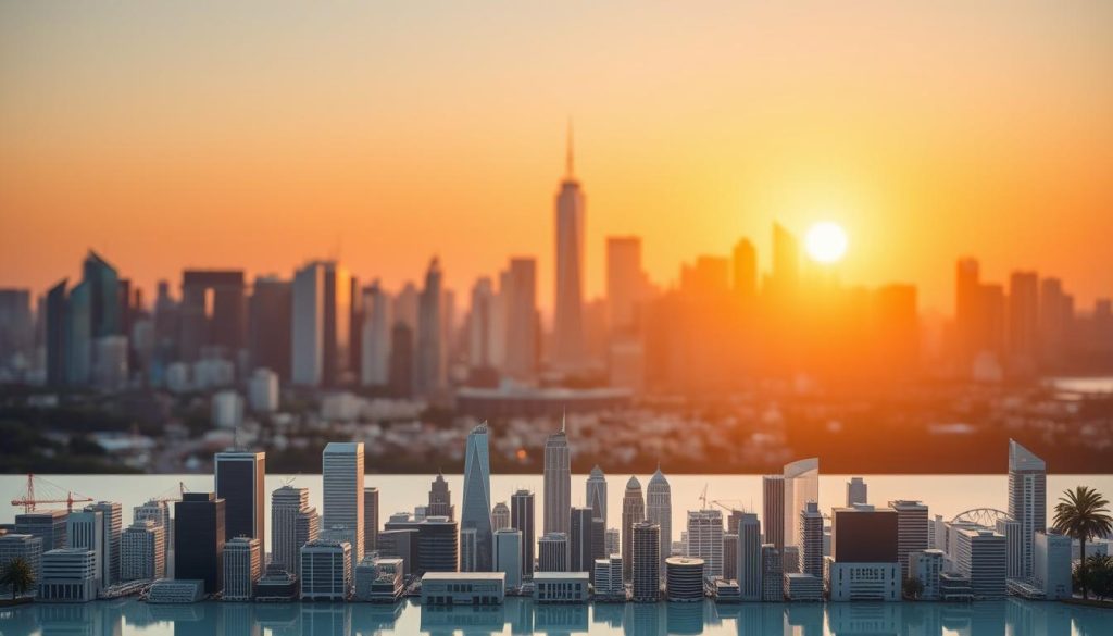 A tranquil financial landscape, with a diverse array of investment opportunities taking center stage. In the foreground, a neatly organized portfolio of stocks, bonds, and alternative assets, each represented by precise, photorealistic icons. The middle ground showcases a cityscape of skyscrapers, reflecting the dynamic nature of the financial markets. In the background, a serene sunset casts a warm, golden glow over the scene, symbolizing the long-term growth and stability of a well-diversified investment strategy. The lighting is soft and directional, creating a sense of depth and dimensionality. The overall composition conveys a sense of balance, security, and prudent financial planning.