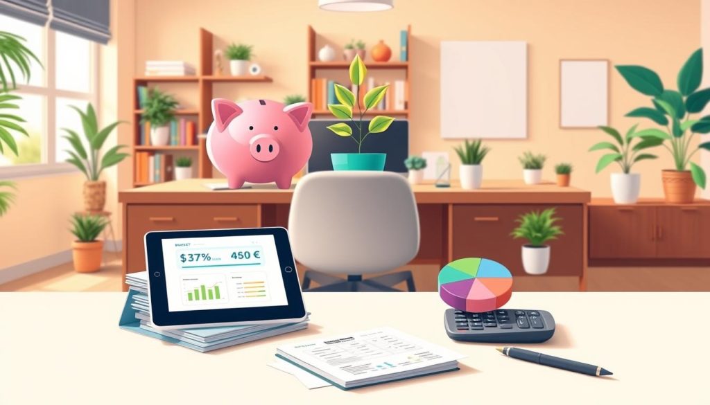 A vibrant, detailed illustration of smart budgeting tips. In the foreground, a modern desk showcases a tablet displaying a budgeting app, a stack of well-organized financial documents, and a sleek calculator. Across the middle ground, visual metaphors for budgeting strategies pop with color - a piggy bank, a growing money tree, and a pie chart depicting balanced spending categories. The background features a warm, softly lit home office setting, with bookshelves, potted plants, and minimalist decor, conveying a sense of financial organization and tranquility. The overall scene radiates a professional, aspirational mood, inspiring viewers to adopt savvy money management practices.