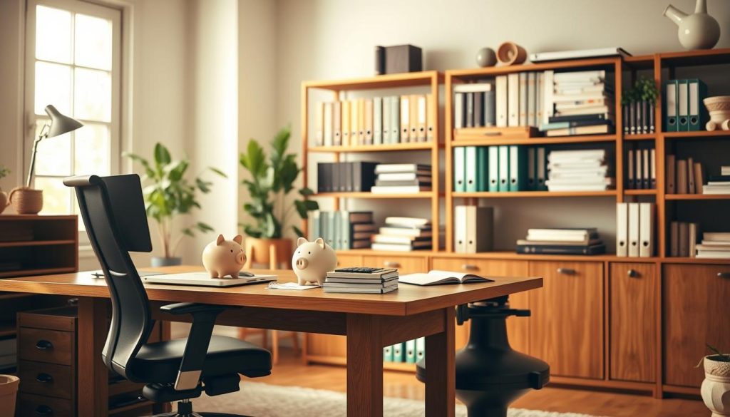 A warm, inviting interior scene depicting a cozy, well-organized home office. In the foreground, a sturdy oak desk with an ergonomic chair and a trusty laptop computer. On the desk, a piggy bank, a stack of financial documents, and a calculator, symbolizing responsible money management. The middle ground features a wall-mounted shelving unit, filled with thick binders, books, and other financial planning resources. Soft, natural lighting filters in through a large window in the background, casting a comforting glow over the entire space. The overall atmosphere conveys a sense of financial security, stability, and preparedness.