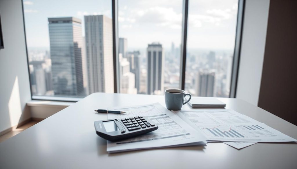 A well-lit, high-angle view of a clean, modern office desk. On the desk, there are several financial documents, a calculator, and a cup of coffee. In the background, a window overlooking a cityscape with skyscrapers and a clear sky. The overall mood is one of focus and productivity, with a sense of professionalism and attention to detail. The lighting is soft and even, creating a calming atmosphere. The camera angle emphasizes the organization and thoughtfulness of the scene, suggesting a balanced and considered approach to investing.