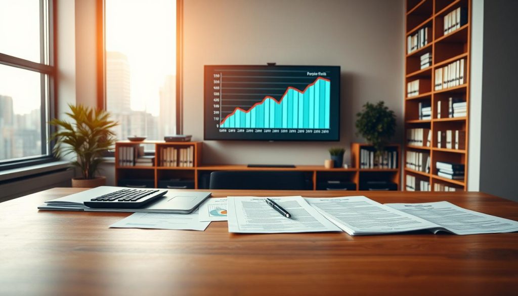 A well-lit office interior with a large wooden desk in the foreground. On the desk, various financial documents, a calculator, and a pen rest atop a sleek laptop. In the middle ground, a wall-mounted display shows a graph depicting investment portfolio risk and return. The background features shelves of financial books and a large window overlooking a cityscape, casting warm, natural lighting throughout the scene. The overall atmosphere conveys a sense of thoughtful analysis and informed financial decision-making.