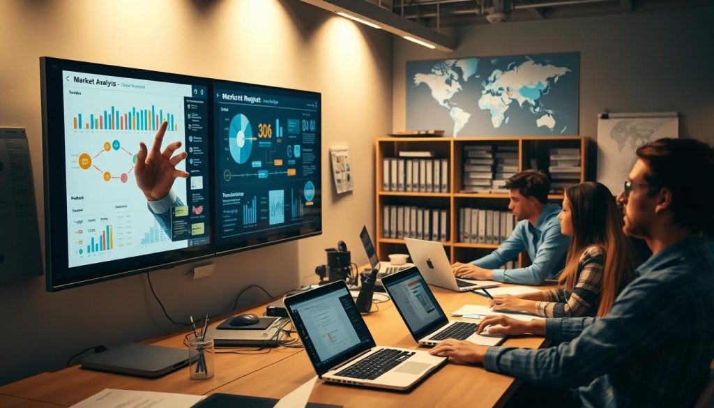 An office workspace with a team of analysts reviewing charts, graphs, and market reports on multiple screens and whiteboards. Soft, directional lighting illuminates the scene, casting a warm, professional atmosphere. In the foreground, a person gestures to a detailed market analysis process flow diagram on a large touchscreen monitor. The middle ground features researchers intently focused on their laptops, collaborating and sharing insights. In the background, shelves of reference materials and a world map hint at the global scope of the market analysis. The overall impression is one of a well-equipped, data-driven approach to understanding market trends and behaviors.