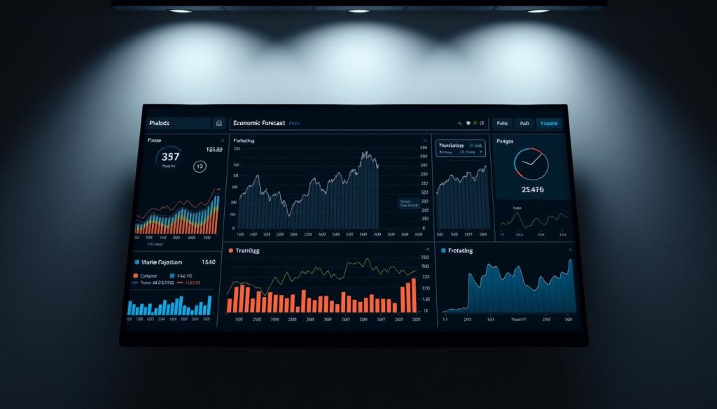 Detailed economic forecast analysis, displayed on a sophisticated financial dashboard. Sleek, minimalist interface with dynamic charts and graphs, showcasing key economic indicators and projections. Subtle lighting from above casts a professional, data-driven ambiance. Positioned against a muted, monochromatic background to emphasize the focal information. Composition balanced with a clean, modern aesthetic to convey the complexity and importance of economic forecasting for strategic business planning.