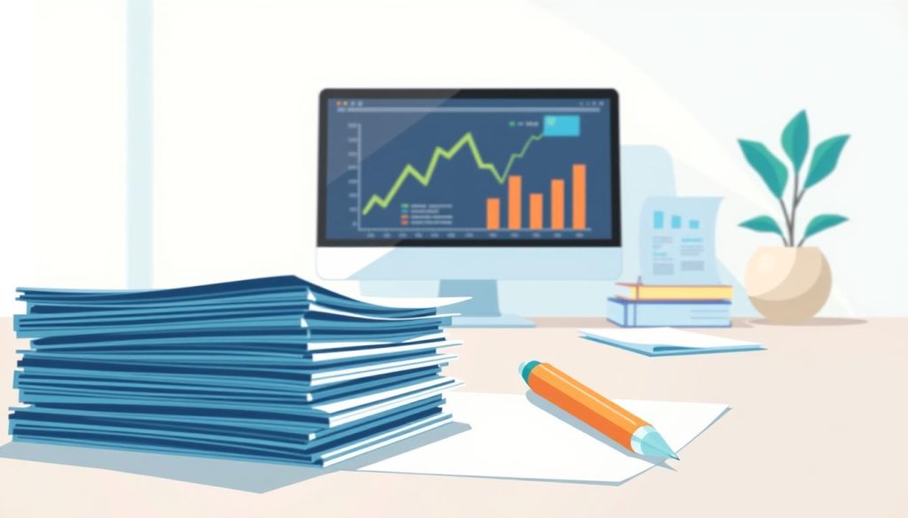 Detailed illustration of a simple investing guide, featuring a clean and organized layout. A stack of financial documents and a pen in the foreground, with a desktop computer and charts in the middle ground, all set against a minimalist, light-colored background. The lighting is soft and natural, creating a serene and inviting atmosphere. The composition conveys a sense of approachability and accessibility, guiding the viewer through the process of starting to invest.