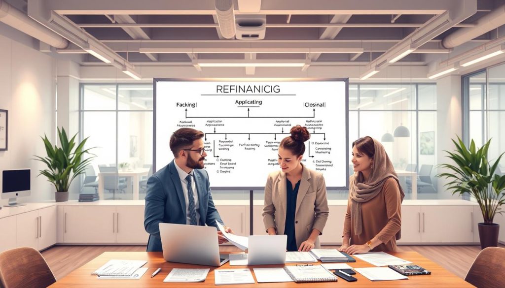 A detailed illustration of the mortgage refinancing process, showcasing a professional setting. In the foreground, a diverse group of three individuals—two adults in professional business attire (one male, one female) and one female in modest casual clothing—are discussing refinancing options around a table filled with documents and a laptop. The middle layer features a large whiteboard displaying a step-by-step flowchart of the refinancing procedure, filled with key terms like "Application", "Approval", and "Closing". In the background, a bright, well-lit office with modern decor, conveying a sense of professionalism and efficiency. The lighting is warm and inviting, enhancing the collaborative atmosphere of the scene. The angle is slightly elevated, capturing the entire workspace in a clear, organized manner. A detailed illustration of the mortgage refinancing process, showcasing a professional setting. In the foreground, a diverse group of three individuals—two adults in professional business attire (one male, one female) and one female in modest casual clothing—are discussing refinancing options around a table filled with documents and a laptop. The middle layer features a large whiteboard displaying a step-by-step flowchart of the refinancing procedure, filled with key terms like "Application", "Approval", and "Closing". In the background, a bright, well-lit office with modern decor, conveying a sense of professionalism and efficiency. The lighting is warm and inviting, enhancing the collaborative atmosphere of the scene. The angle is slightly elevated, capturing the entire workspace in a clear, organized manner.