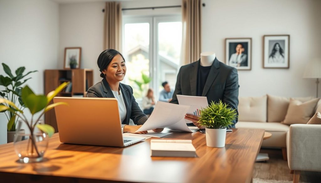 A modern home office setting showcasing the benefits of mortgage refinancing. In the foreground, a diverse couple in professional business attire is discussing financial documents at a sleek wooden desk, with a laptop displaying graphs and charts. The middle ground features a window with natural light spilling in, illuminating a green indoor plant, symbolizing growth and stability. In the background, a cozy living space with a family portrait and soft, inviting furniture emphasizes a feeling of comfort and security. The overall mood is optimistic and professional, with warm lighting and a clean, contemporary aesthetic, captured with a slight depth of field to focus on the couple while softly blurring the background. A modern home office setting showcasing the benefits of mortgage refinancing. In the foreground, a diverse couple in professional business attire is discussing financial documents at a sleek wooden desk, with a laptop displaying graphs and charts. The middle ground features a window with natural light spilling in, illuminating a green indoor plant, symbolizing growth and stability. In the background, a cozy living space with a family portrait and soft, inviting furniture emphasizes a feeling of comfort and security. The overall mood is optimistic and professional, with warm lighting and a clean, contemporary aesthetic, captured with a slight depth of field to focus on the couple while softly blurring the background.