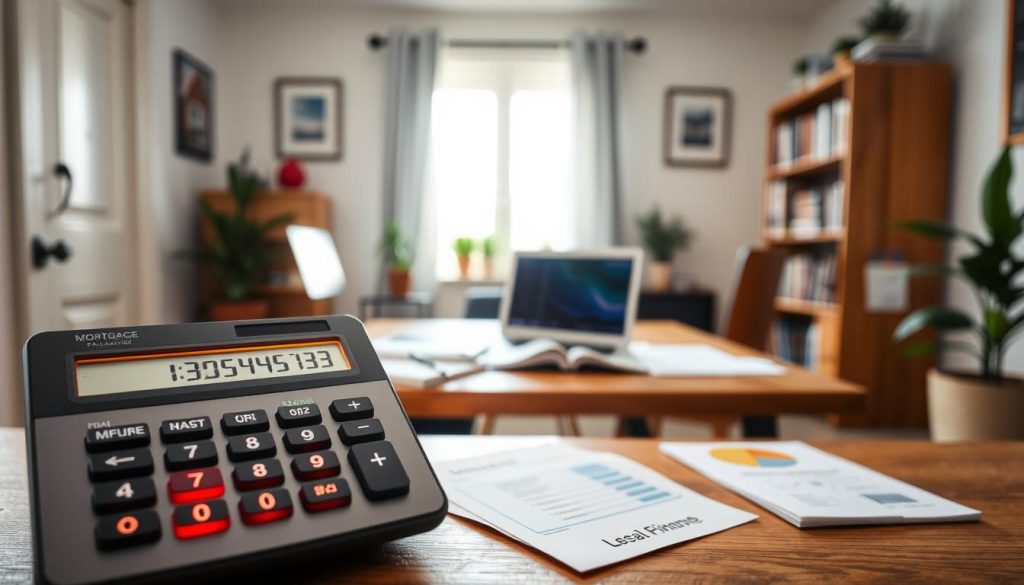 A modern mortgage calculator displayed prominently in the foreground, featuring a sleek digital interface with vibrant buttons and graphs, showing calculations related to home financing. In the middle, a welcoming home office environment with a wooden desk cluttered with paperwork and an open laptop. A soft light filters in through a window, casting a warm glow across the scene. In the background, there are potted plants and a bookshelf filled with real estate guides, enhancing the professional atmosphere. The overall mood is focused and optimistic, reflecting the theme of preparation for potential first-time homebuyers. The image should be well-lit and inviting, capturing the essence of financial planning for a home purchase. A modern mortgage calculator displayed prominently in the foreground, featuring a sleek digital interface with vibrant buttons and graphs, showing calculations related to home financing. In the middle, a welcoming home office environment with a wooden desk cluttered with paperwork and an open laptop. A soft light filters in through a window, casting a warm glow across the scene. In the background, there are potted plants and a bookshelf filled with real estate guides, enhancing the professional atmosphere. The overall mood is focused and optimistic, reflecting the theme of preparation for potential first-time homebuyers. The image should be well-lit and inviting, capturing the essence of financial planning for a home purchase.