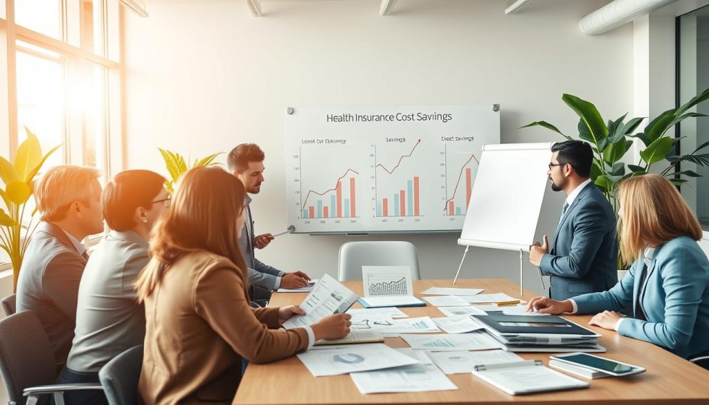A professional and inviting office environment illustrating health insurance cost savings. In the foreground, a diverse group of people in business attire gathers around a table filled with financial documents and charts, discussing strategies and benefits. In the middle ground, a large whiteboard displays graphs depicting declining costs and rising savings, showcasing positive health insurance trends. The background features a bright and well-lit office with green plants, creating a productive atmosphere. The lighting is warm and natural, emphasizing a sense of optimism and collaboration. A wide-angle perspective focuses on the teamwork and engagement among the individuals, conveying a message of empowerment and financial well-being related to health insurance policy benefits. A professional and inviting office environment illustrating health insurance cost savings. In the foreground, a diverse group of people in business attire gathers around a table filled with financial documents and charts, discussing strategies and benefits. In the middle ground, a large whiteboard displays graphs depicting declining costs and rising savings, showcasing positive health insurance trends. The background features a bright and well-lit office with green plants, creating a productive atmosphere. The lighting is warm and natural, emphasizing a sense of optimism and collaboration. A wide-angle perspective focuses on the teamwork and engagement among the individuals, conveying a message of empowerment and financial well-being related to health insurance policy benefits.