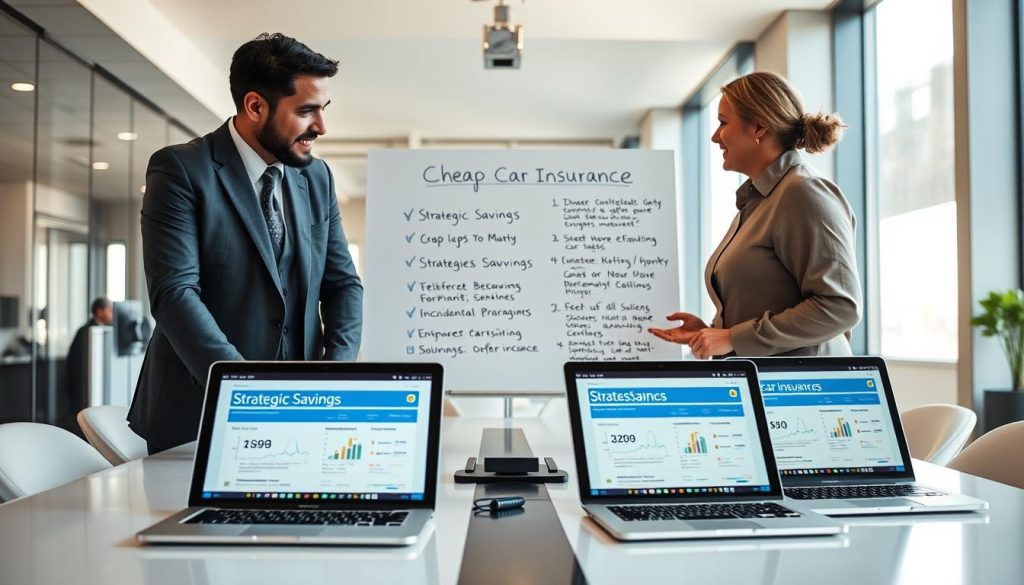 A professional and inviting office setting depicting a diverse group of three individuals, two in business attire and one in modest casual clothing, gathered around a sleek conference table. The foreground features laptop screens displaying car insurance comparison websites with informative charts and graphs, emphasizing strategic savings. The middle layer reveals a whiteboard filled with bullet points highlighting key strategies for finding cheap car insurance. The background showcases a modern office environment with bright natural lighting filtering through large windows, creating a warm and motivating atmosphere. The angle is slightly elevated, providing a clear view of the discussion while maintaining a focus on teamwork and collaboration. The overall mood is proactive, encouraging, and focused on financial responsibility. A professional and inviting office setting depicting a diverse group of three individuals, two in business attire and one in modest casual clothing, gathered around a sleek conference table. The foreground features laptop screens displaying car insurance comparison websites with informative charts and graphs, emphasizing strategic savings. The middle layer reveals a whiteboard filled with bullet points highlighting key strategies for finding cheap car insurance. The background showcases a modern office environment with bright natural lighting filtering through large windows, creating a warm and motivating atmosphere. The angle is slightly elevated, providing a clear view of the discussion while maintaining a focus on teamwork and collaboration. The overall mood is proactive, encouraging, and focused on financial responsibility.