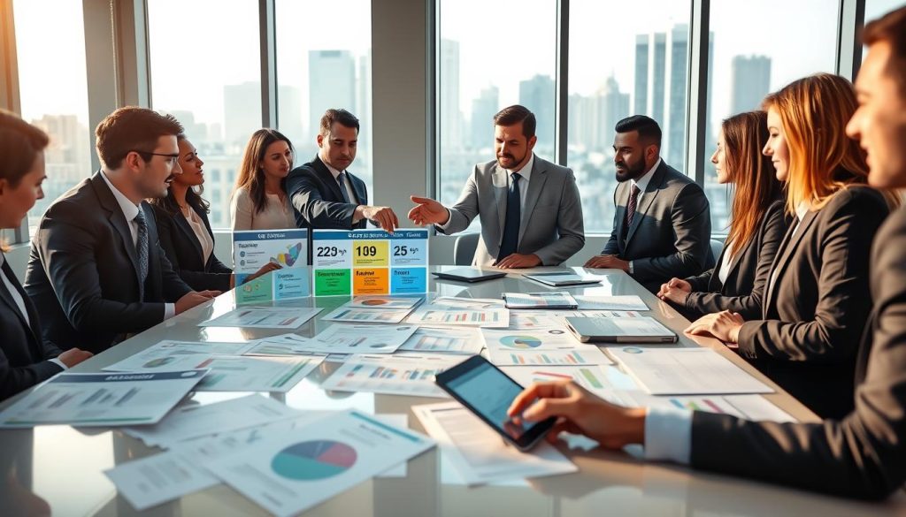 A professional business setting featuring a diverse group of individuals in smart business attire, gathered around a sleek conference table strewn with various car insurance comparison charts and documents. In the foreground, a focused man is pointing at a colorful infographic displayed on a large screen, showcasing different car insurance quotes and savings options. In the middle, light filters through large windows, creating a bright and inviting atmosphere, while a digital tablet is visible, showing a comparison app. In the background, city skyline views through the glass suggest a modern urban environment. Soft, natural lighting enhances the scene, capturing a sense of collaboration and decision-making, emphasizing the importance of comparing car insurance for smarter choices. A professional business setting featuring a diverse group of individuals in smart business attire, gathered around a sleek conference table strewn with various car insurance comparison charts and documents. In the foreground, a focused man is pointing at a colorful infographic displayed on a large screen, showcasing different car insurance quotes and savings options. In the middle, light filters through large windows, creating a bright and inviting atmosphere, while a digital tablet is visible, showing a comparison app. In the background, city skyline views through the glass suggest a modern urban environment. Soft, natural lighting enhances the scene, capturing a sense of collaboration and decision-making, emphasizing the importance of comparing car insurance for smarter choices.