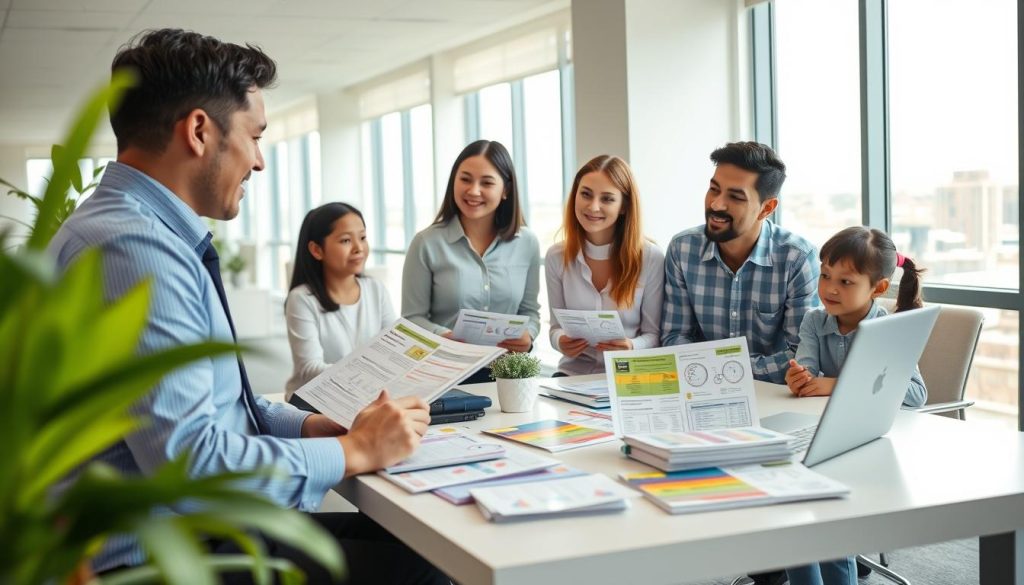 A serene family insurance consultation scene set in a bright, modern office. In the foreground, a friendly insurance agent, dressed in professional attire, is showing a family of four—two parents and their children—various brochures and charts detailing affordable insurance options. The middle ground includes a table cluttered with colorful pamphlets, a laptop displaying cost estimates, and a plant for a touch of warmth. In the background, large windows let in natural light, showcasing a vibrant cityscape. The atmosphere is welcoming and reassuring, with soft lighting to create a sense of trust and hope. The angle is slightly elevated, capturing the interaction and engagement among the family and agent, emphasizing the importance of securing affordable family coverage. A serene family insurance consultation scene set in a bright, modern office. In the foreground, a friendly insurance agent, dressed in professional attire, is showing a family of four—two parents and their children—various brochures and charts detailing affordable insurance options. The middle ground includes a table cluttered with colorful pamphlets, a laptop displaying cost estimates, and a plant for a touch of warmth. In the background, large windows let in natural light, showcasing a vibrant cityscape. The atmosphere is welcoming and reassuring, with soft lighting to create a sense of trust and hope. The angle is slightly elevated, capturing the interaction and engagement among the family and agent, emphasizing the importance of securing affordable family coverage.