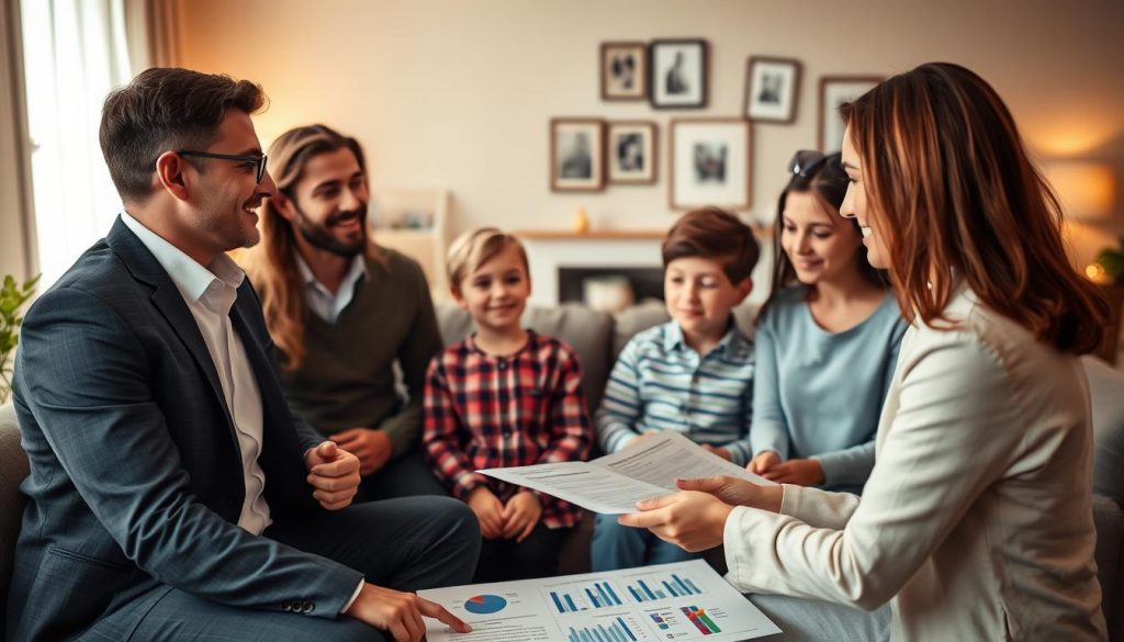 A serene family scene representing the concept of family insurance, focusing on a diverse group of four individuals—a father in a professional suit, a mother in smart casual attire, and two children, one boy and one girl, in playful but neat clothing. The foreground features them engaged in a conversation with a friendly insurance agent, who is thoughtfully explaining options. The middle ground shows visual elements like charts and brochures depicting various insurance plans, with graphs illustrating benefits. The background includes a comfortable living room with family photos and a welcoming ambiance, illuminated by soft, warm lighting to evoke trust and security. The overall mood is supportive and reassuring, emphasizing protection and care for loved ones. A serene family scene representing the concept of family insurance, focusing on a diverse group of four individuals—a father in a professional suit, a mother in smart casual attire, and two children, one boy and one girl, in playful but neat clothing. The foreground features them engaged in a conversation with a friendly insurance agent, who is thoughtfully explaining options. The middle ground shows visual elements like charts and brochures depicting various insurance plans, with graphs illustrating benefits. The background includes a comfortable living room with family photos and a welcoming ambiance, illuminated by soft, warm lighting to evoke trust and security. The overall mood is supportive and reassuring, emphasizing protection and care for loved ones.