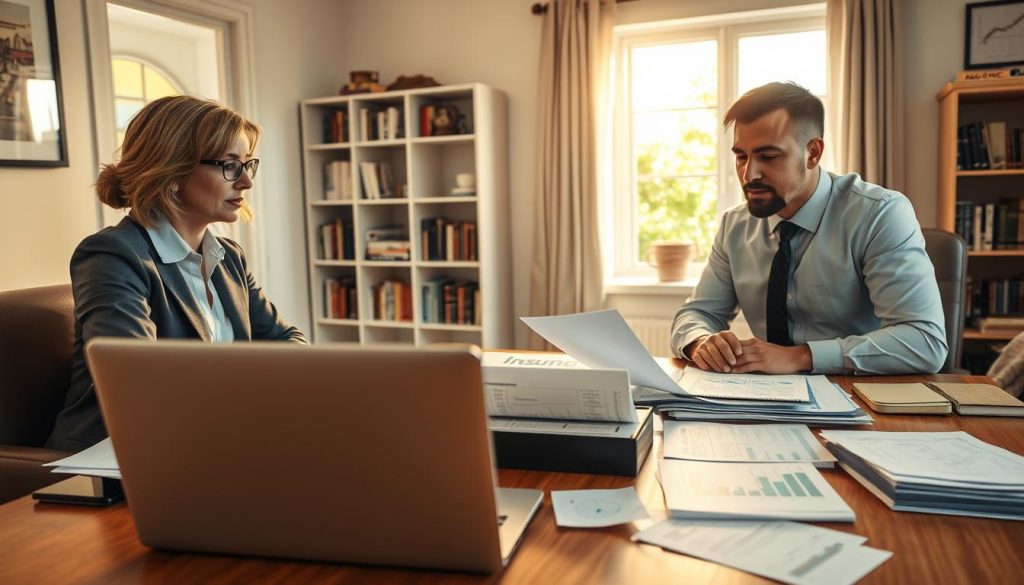 A serene home office scene featuring a diverse group of three professionals, a woman and two men, dressed in smart business attire. They are gathered around a wooden table cluttered with various documents, including charts and insurance papers, as they discuss home insurance needs. In the foreground, a laptop displays a spreadsheet with insurance options. In the middle background, a window lets in warm, natural light, illuminating a cozy bookshelf filled with books on finance and home management. Soft greenery can be seen through the window, enhancing a sense of tranquility. The atmosphere is focused and collaborative, reflecting the importance of assessing insurance needs in a personal, inviting setting. Use a soft lens and warm lighting to convey a sense of comfort and professionalism. A serene home office scene featuring a diverse group of three professionals, a woman and two men, dressed in smart business attire. They are gathered around a wooden table cluttered with various documents, including charts and insurance papers, as they discuss home insurance needs. In the foreground, a laptop displays a spreadsheet with insurance options. In the middle background, a window lets in warm, natural light, illuminating a cozy bookshelf filled with books on finance and home management. Soft greenery can be seen through the window, enhancing a sense of tranquility. The atmosphere is focused and collaborative, reflecting the importance of assessing insurance needs in a personal, inviting setting. Use a soft lens and warm lighting to convey a sense of comfort and professionalism.
