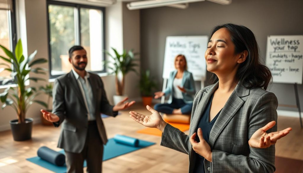 A serene office setting focused on wellness programs, featuring a diverse group of four professionals engaged in a wellness workshop. In the foreground, a middle-aged Asian woman in business attire demonstrates mindfulness practices with closed eyes and a peaceful expression. The middle ground shows two men and another woman — one in a light blue blazer and the other in smart casual attire — following along with enthusiasm, using yoga mats and meditation cushions. The background includes a large window with natural light streaming in, a few indoor plants, and a whiteboard with wellness tips written on it. The atmosphere is uplifting and supportive, designed to promote health and preventive care. Use soft, warm lighting, and a slightly elevated angle for a comprehensive view of the uplifting environment. A serene office setting focused on wellness programs, featuring a diverse group of four professionals engaged in a wellness workshop. In the foreground, a middle-aged Asian woman in business attire demonstrates mindfulness practices with closed eyes and a peaceful expression. The middle ground shows two men and another woman — one in a light blue blazer and the other in smart casual attire — following along with enthusiasm, using yoga mats and meditation cushions. The background includes a large window with natural light streaming in, a few indoor plants, and a whiteboard with wellness tips written on it. The atmosphere is uplifting and supportive, designed to promote health and preventive care. Use soft, warm lighting, and a slightly elevated angle for a comprehensive view of the uplifting environment.