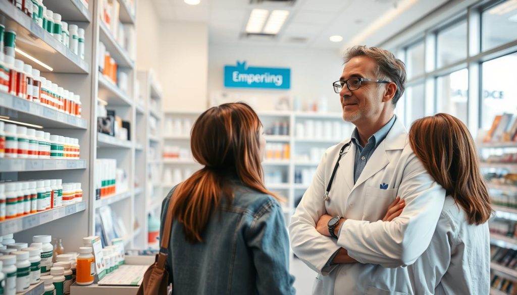 A vibrant, well-organized scene depicting a professional pharmacist in a modern pharmacy. In the foreground, the pharmacist stands confidently next to a display of prescription bottles, wearing a white lab coat and glasses, engaged in a discussion with a patient. In the middle, well-lit shelves filled with various medications and health pamphlets create an inviting atmosphere. In the background, a bright, clean design of the pharmacy, with large windows allowing natural light to pour in, enhances the professional yet welcoming mood. The image should convey a sense of trust and care associated with prescription drug coverage, using soft lighting to emphasize the importance of healthcare. The angle should be slightly elevated to capture the interaction and environment effectively. A vibrant, well-organized scene depicting a professional pharmacist in a modern pharmacy. In the foreground, the pharmacist stands confidently next to a display of prescription bottles, wearing a white lab coat and glasses, engaged in a discussion with a patient. In the middle, well-lit shelves filled with various medications and health pamphlets create an inviting atmosphere. In the background, a bright, clean design of the pharmacy, with large windows allowing natural light to pour in, enhances the professional yet welcoming mood. The image should convey a sense of trust and care associated with prescription drug coverage, using soft lighting to emphasize the importance of healthcare. The angle should be slightly elevated to capture the interaction and environment effectively.
