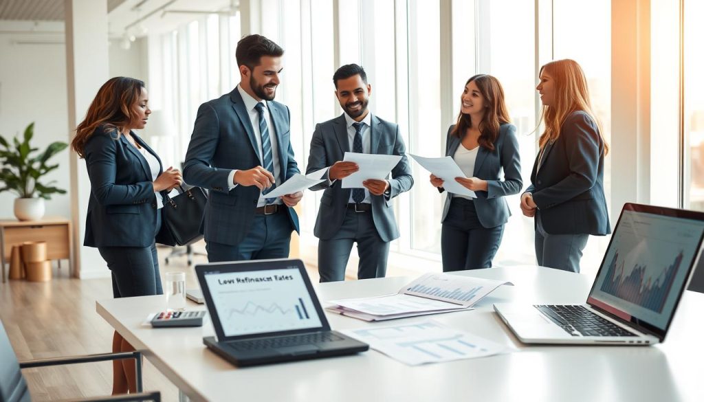 A visually engaging composition that illustrates the concept of "best refinance rates." In the foreground, a diverse group of three professionals dressed in smart business attire, eagerly discussing financial documents, with one person pointing to a chart symbolizing low interest rates. In the middle, a sleek modern desk filled with mortgage rate flyers and a financial calculator, alongside a laptop displaying a graph of rising and falling rates. The background features a bright office space with floor-to-ceiling windows, letting in soft, natural daylight that creates a warm and inviting atmosphere. The lens should capture the scene from a slightly elevated angle, emphasizing the collaborative and optimistic mood about refinancing opportunities. The overall ambiance should inspire trust and knowledge, reflecting the quest for favorable mortgage rates. A visually engaging composition that illustrates the concept of "best refinance rates." In the foreground, a diverse group of three professionals dressed in smart business attire, eagerly discussing financial documents, with one person pointing to a chart symbolizing low interest rates. In the middle, a sleek modern desk filled with mortgage rate flyers and a financial calculator, alongside a laptop displaying a graph of rising and falling rates. The background features a bright office space with floor-to-ceiling windows, letting in soft, natural daylight that creates a warm and inviting atmosphere. The lens should capture the scene from a slightly elevated angle, emphasizing the collaborative and optimistic mood about refinancing opportunities. The overall ambiance should inspire trust and knowledge, reflecting the quest for favorable mortgage rates.