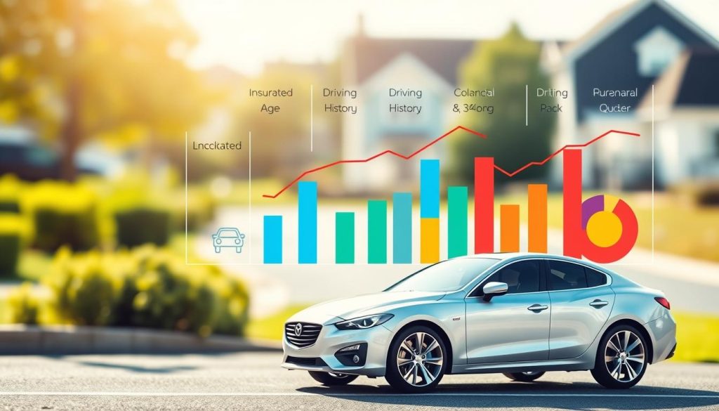 A visually engaging infographic-style image depicting a comparison of car insurance prices. In the foreground, showcase a sleek, modern car representing the insured vehicle, surrounded by various icons symbolizing key factors like age, driving history, and location. In the middle ground, illustrate a series of colorful bar graphs and pie charts, each uniquely colored to represent different insurance quotes from several companies. In the background, create a subtle blurred cityscape or suburban neighborhood, hinting at the daily context of car ownership. Use bright, natural lighting to enhance the clarity and focus, as if viewed through a wide-angle lens. The overall mood should be informative and financial, aimed at educating viewers on the nuances of car insurance pricing. A visually engaging infographic-style image depicting a comparison of car insurance prices. In the foreground, showcase a sleek, modern car representing the insured vehicle, surrounded by various icons symbolizing key factors like age, driving history, and location. In the middle ground, illustrate a series of colorful bar graphs and pie charts, each uniquely colored to represent different insurance quotes from several companies. In the background, create a subtle blurred cityscape or suburban neighborhood, hinting at the daily context of car ownership. Use bright, natural lighting to enhance the clarity and focus, as if viewed through a wide-angle lens. The overall mood should be informative and financial, aimed at educating viewers on the nuances of car insurance pricing.