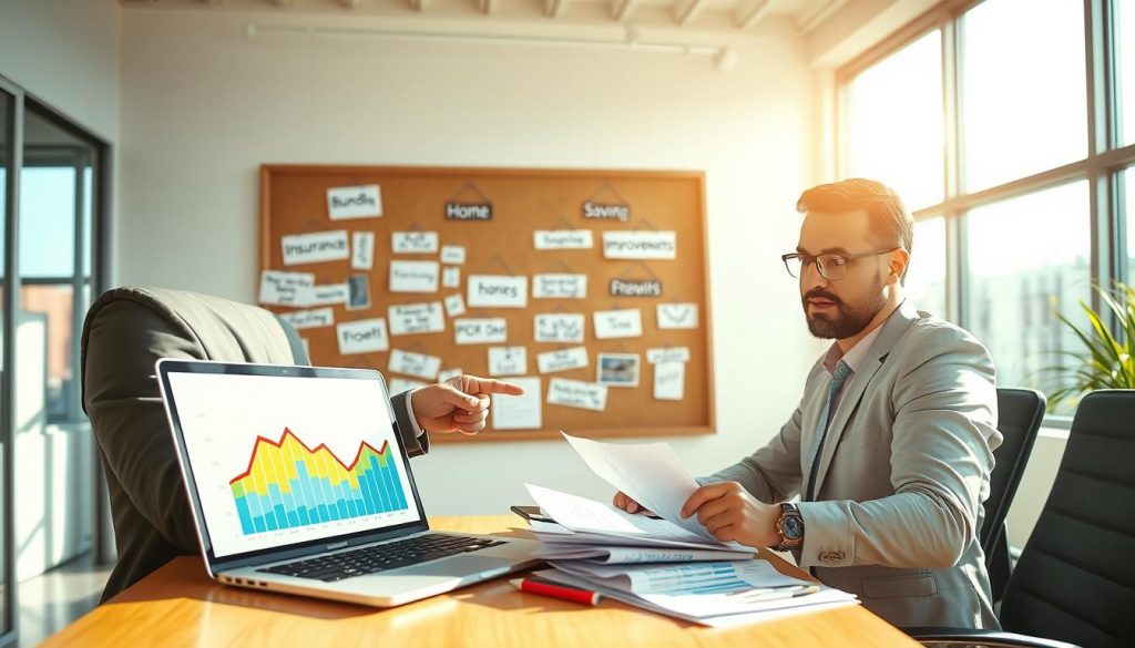 A visually engaging scene depicting a professional financial advisor in a modern office, analyzing charts and documents related to home insurance premiums. In the foreground, a confident individual wearing business attire, pointing at a colorful graph on a sleek laptop showing a downward trend in premiums, symbolizing savings. In the middle, a large corkboard filled with strategies like "bundling insurance" and "home safety improvements," denoting effective ways to cut costs. The background features a bright, airy office with large windows allowing warm sunlight to flood in, creating a positive and hopeful atmosphere. Use a clean composition with a soft focus to highlight the advisor's expertise while conveying a sense of trust and security in choosing affordable home insurance options. A visually engaging scene depicting a professional financial advisor in a modern office, analyzing charts and documents related to home insurance premiums. In the foreground, a confident individual wearing business attire, pointing at a colorful graph on a sleek laptop showing a downward trend in premiums, symbolizing savings. In the middle, a large corkboard filled with strategies like "bundling insurance" and "home safety improvements," denoting effective ways to cut costs. The background features a bright, airy office with large windows allowing warm sunlight to flood in, creating a positive and hopeful atmosphere. Use a clean composition with a soft focus to highlight the advisor's expertise while conveying a sense of trust and security in choosing affordable home insurance options.