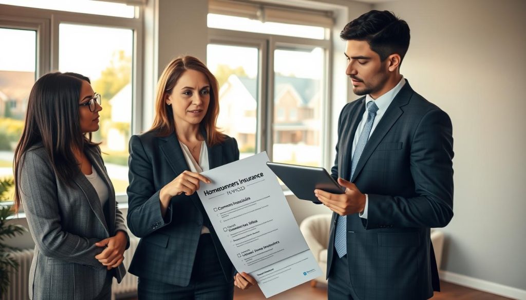 A well-lit office setting with a professional, diverse group of three people engaged in a discussion about homeowners insurance. In the foreground, a middle-aged woman in smart business attire, pointing to a checklist titled "Common Mistakes to Avoid." Beside her, a young man in a suit holding a tablet displaying home insurance options. In the background, a large window showing a suburban neighborhood. The atmosphere is focused and informative, with warm, natural light illuminating the room and casting soft shadows. The lens captures the scene from a slightly elevated angle, providing a clear view of the interaction while emphasizing the significance of avoiding insurance mistakes. A well-lit office setting with a professional, diverse group of three people engaged in a discussion about homeowners insurance. In the foreground, a middle-aged woman in smart business attire, pointing to a checklist titled "Common Mistakes to Avoid." Beside her, a young man in a suit holding a tablet displaying home insurance options. In the background, a large window showing a suburban neighborhood. The atmosphere is focused and informative, with warm, natural light illuminating the room and casting soft shadows. The lens captures the scene from a slightly elevated angle, providing a clear view of the interaction while emphasizing the significance of avoiding insurance mistakes.