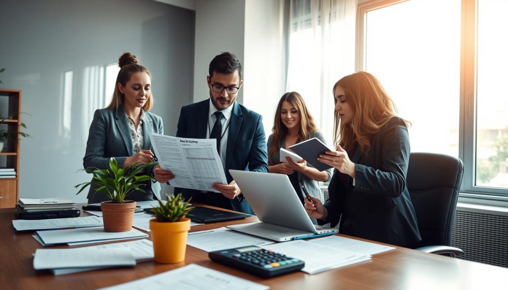 A well-organized mortgage pre-approval process scene, showcasing a professional office environment. In the foreground, a diverse group of three individuals in business attire—a woman reviewing documents, a man explaining numbers on a laptop, and another woman taking notes—are engaged in a discussion. In the middle ground, a large desk is cluttered with mortgage paperwork, a calculator, and a potted plant, adding warmth to the scene. The background features a large window letting in soft natural light, casting a warm glow over the entire room. The atmosphere is focused and collaborative, symbolizing the important steps taken in the mortgage pre-approval process, emphasizing trust and professionalism. The composition is captured at eye level, with a slight depth of field to emphasize the subjects. A well-organized mortgage pre-approval process scene, showcasing a professional office environment. In the foreground, a diverse group of three individuals in business attire—a woman reviewing documents, a man explaining numbers on a laptop, and another woman taking notes—are engaged in a discussion. In the middle ground, a large desk is cluttered with mortgage paperwork, a calculator, and a potted plant, adding warmth to the scene. The background features a large window letting in soft natural light, casting a warm glow over the entire room. The atmosphere is focused and collaborative, symbolizing the important steps taken in the mortgage pre-approval process, emphasizing trust and professionalism. The composition is captured at eye level, with a slight depth of field to emphasize the subjects.