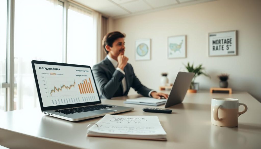 An inviting office space showcasing a sleek desk with a laptop displaying mortgage rate graphs. In the foreground, a person in professional business attire is analyzing the data with a thoughtful expression. The middle layer features a notepad filled with notes on competitive mortgage rates, alongside a calculator and a coffee cup for a productive atmosphere. In the background, large windows allow soft, natural light to filter in, illuminating the room and enhancing the optimistic mood. The walls are adorned with subtle, modern artwork related to finance, subtly reinforcing the theme. A warm color palette creates a welcoming ambiance, suggesting a focus on making informed financial decisions. The image is shot from a slightly elevated angle, providing a comprehensive view of the workspace without any distractions. An inviting office space showcasing a sleek desk with a laptop displaying mortgage rate graphs. In the foreground, a person in professional business attire is analyzing the data with a thoughtful expression. The middle layer features a notepad filled with notes on competitive mortgage rates, alongside a calculator and a coffee cup for a productive atmosphere. In the background, large windows allow soft, natural light to filter in, illuminating the room and enhancing the optimistic mood. The walls are adorned with subtle, modern artwork related to finance, subtly reinforcing the theme. A warm color palette creates a welcoming ambiance, suggesting a focus on making informed financial decisions. The image is shot from a slightly elevated angle, providing a comprehensive view of the workspace without any distractions.